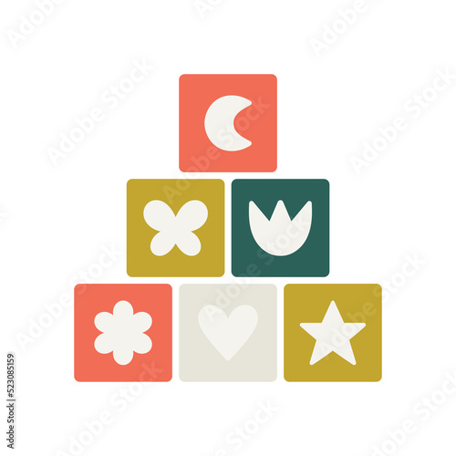 Pyramid made of wooden cubes, blocks, bricks. Entertainment and developing activities for babies.
Cute unisex design. Scandinavian style. Hand drawn vector illustration. Childhood, baby store