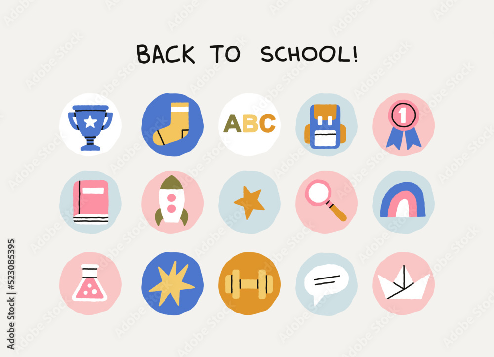 Back To School! set of stickers with symbols of school and education. Equipment for different lessons - arts, music, science, sport etc. Icons, highlights.
Hand drawn vector illustration.