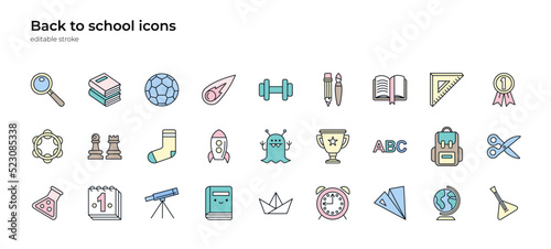 Big set of icons with symbols of school and education. Equipment for different lessons - arts, music, science, sport etc. Cute multicolored design. Vector isolated illustrations, editable stroke.