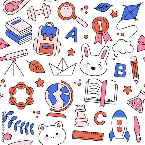 Seamless pattern with symbols of school and education. Equipment for different lessons - art, music, science, sport. Cute Kawaii style. Hand drawn vector illustration. Print, fabric, wrapping paper.