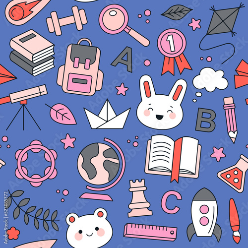 Seamless pattern with symbols of school and education. Equipment for different lessons - art, music, science, sport. Cute Kawaii style. Hand drawn vector illustration. Print, fabric, wrapping paper.
