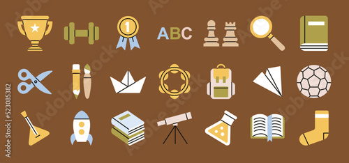 Big set of icons with symbols of school and education. Equipment for different lessons - arts, music, science, sport etc.
Cute design. Hand drawn vector illustrations isolated on brown background.