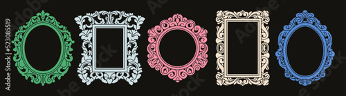 Big set with frames. Various frame shapes and colors. Antique, vintage style. Luxury design for royal or museum interiors.
Hand drawn vector illustration. Print, postcard, invitation, packaging design