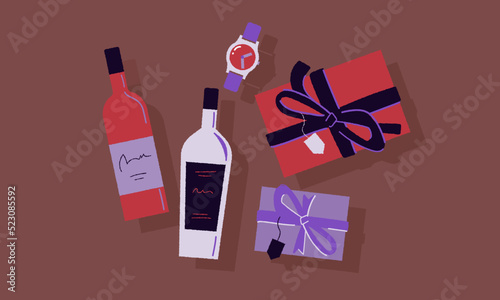 Wine bottles, gift boxes and watch