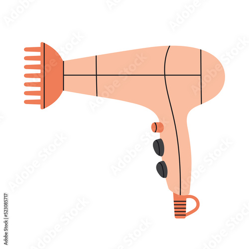 Illustration of a hair dryer. Hair styling and cutting products.
Hand drawn vector illustration isolated on white background. Beauty and fashion, self care routine, beauty salons, online shopping.