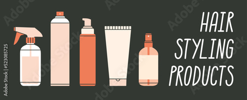 Banner with hand drawn lettering Hair Styling Rroducts. Illustrations of different bottles and tubes - mist, spray, foam, cream etc.
Hair care in salon or at home concept. Vector illustration.