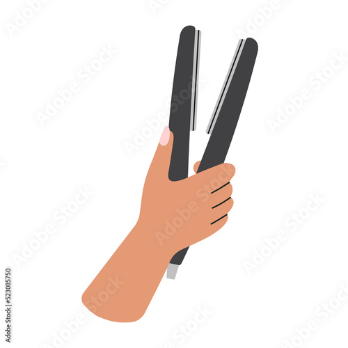 Poster with woman's hand holding a hair straightener.
Hairstyle, self care and beauty salon concept.
Cool colorful design. Hand with manicure. Hand drawn isolated vector illustration.