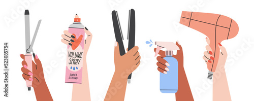 Set with women's hands holding spray for styling, curling iron, hair dryer and hair straightener. Hair styling process. Hairstyle, self care and beauty salon concept. Hand drawn vector illustration. photo