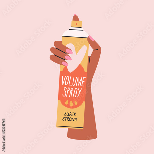 Poster with woman's hand holding a styling spray for hair volume.
Hairstyle, self care and beauty salon concept.
Cool colorful design. Hand with manicure. Hand drawn isolated vector illustration.