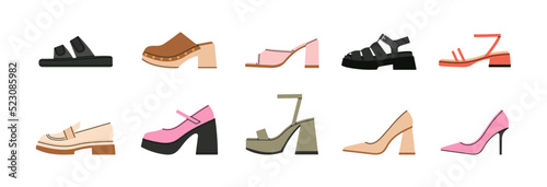 Big set with different shoes: sandals, clogs, high heels, loafers, mules, platform etc. Icon set. Stylish footwear. Fashion and lifestyle. Hand drawn vector illustration. Flat design.