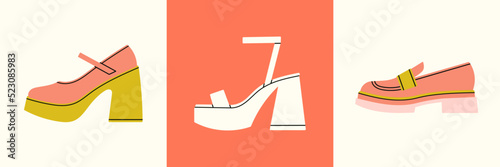 Set of posters with different shoes: high heeled shoes, sandals and loafers. Icon set. Stylish footwear. Fashion and lifestyle concept. Hand drawn vector illustration. Flat design.