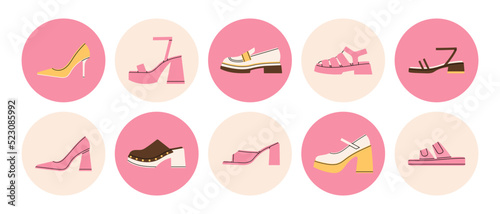 Big set with different shoes: sandals, clogs, high heels, loafers, mules, platform etc. Highlights, icons pack.
Stylish footwear. Fashion and lifestyle. Hand drawn vector illustration. Flat design.