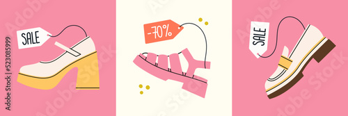 Sale banner set with high heeled shoes, sandals, loafer shoes. Advertising design for social media publication and promotion. Hand drawn vector illustration. Shopping and fashion concept.
