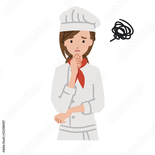 立って手をあごにあてて困っている調理師の女性