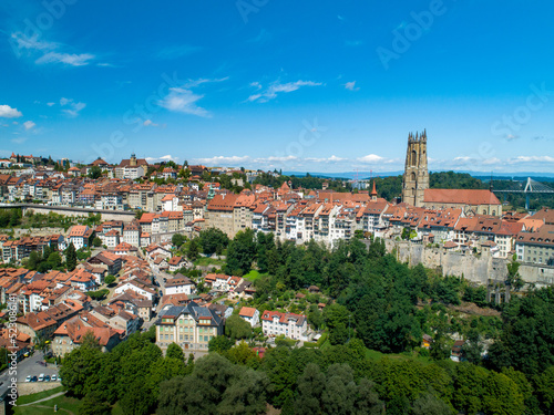 Aerial view of Fribourg City in switzerland on a beautiful sunny day