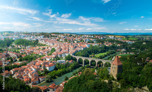 Aerial view of Fribourg City in switzerland on a beautiful sunny day