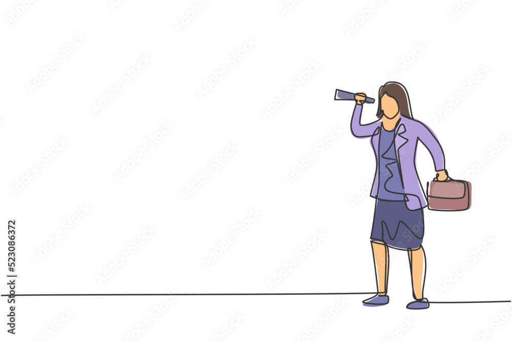 Single one line drawing of young businesswoman analyze business opportunity using monocular. Business vision. Metaphor minimal concept. Modern continuous line draw design graphic vector illustration Single one line drawing of young businesswoman analyze business opportunity using monocular. Business vision. Metaphor minimal concept. Modern continuous line draw design graphic vector illustration