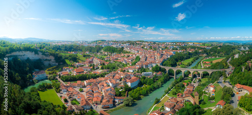 Aerial view of Fribourg City in switzerland on a beautiful sunny day