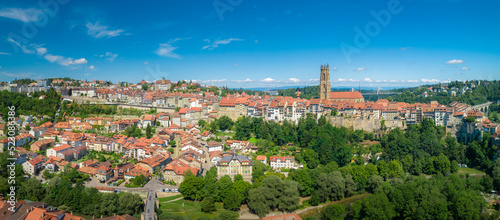 Aerial view of Fribourg City in switzerland on a beautiful sunny day
