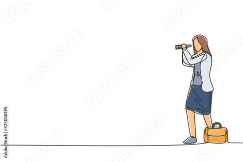 Continuous one line drawing of young female worker monitoring stock market with binocular. Success business manager. Metaphor minimalist concept. Single line draw design vector graphic illustration