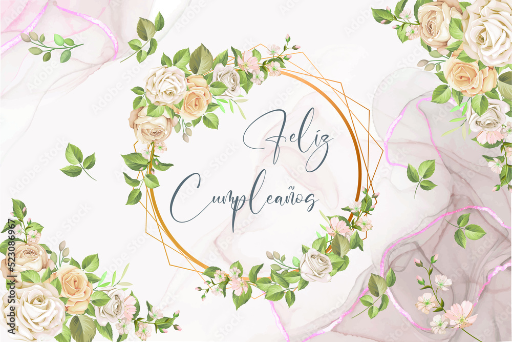 tarjeta o pancarta para desear un feliz cumpleaños en gris en un círculo y diamantes dorados con rosas y hojas sobre un fondo de mármol rosa, gris y blanco con hojas y flores
