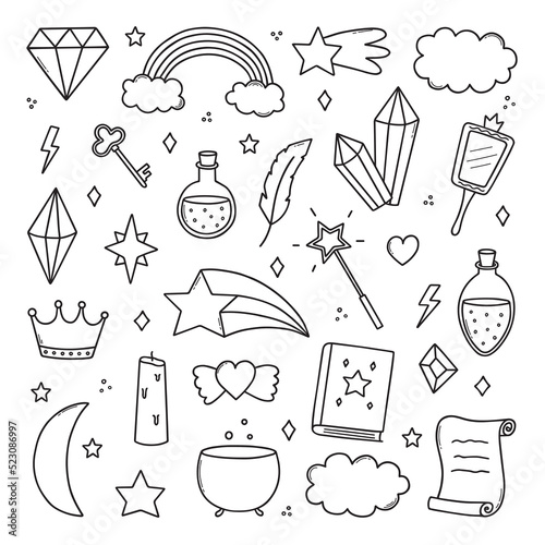 Hand drawn set of kids magic and fantasy doodle. Magic items: rainbow, crystal, mirror, stars in sketch style. Vector illustration isolated on white background