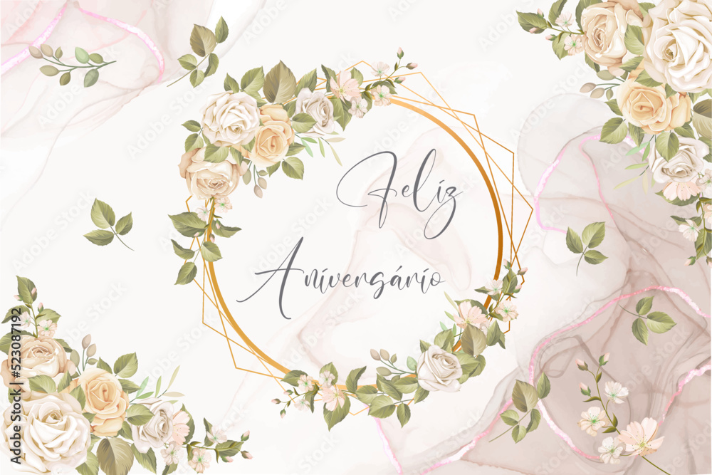 cartão ou banner para desejar um feliz aniversário em cinza em um círculo e diamantes de ouro com rosas e folhas em um fundo marmorizado rosa, cinza e branco com folhas e flores