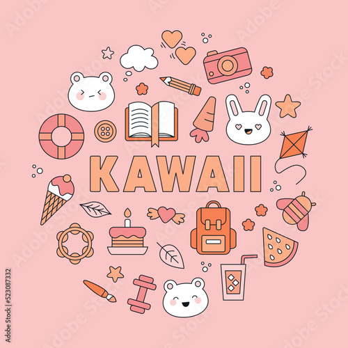 Round composition with text and summer holidays symbols. Cute Kawaii style, nice colors. Tourism and vacation concept. Vector illustration isolated on pink background. Greeting, poster, card design.