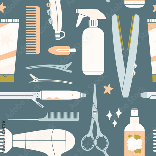Seamless pattern with attributes of hairstyling process - scissors, comb, hairpins, curling iron etc. Products for haircuts and hair care.
Hand drawn vector illustration. Print, fabric, wrapping paper