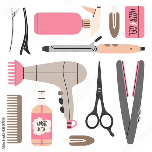 Big set with attributes of hairstyling process - scissors,  hairpins, curling iron, hair dryer etc. Products, equipment for haircuts and hair care in salon or at home. Hand drawn vector illustration.