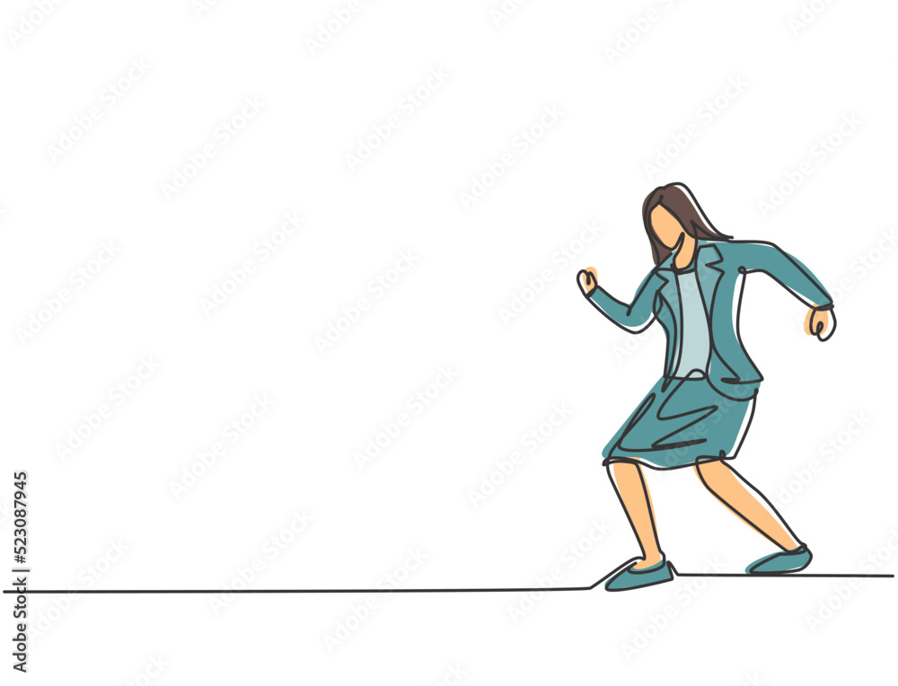 Single continuous line drawing young business woman walking on the street to go to her office. Business time discipline metaphor concept. Dynamic one line draw graphic design vector illustration.