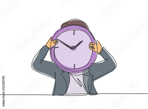 Continuous one line drawing young woman worker holding analog clock head at the office. Time management business discipline metaphor concept. Single line draw design vector graphic illustration.