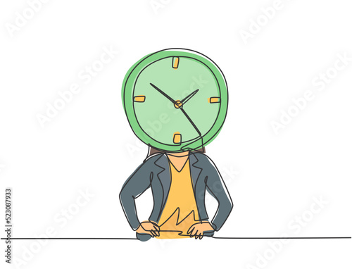 Single one line drawing of young business woman with analog clock head at the office. Business time discipline metaphor concept. Modern continuous line draw design graphic vector illustration.