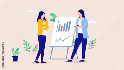 Women working - Two professional female characters discussing business and chart results. Abstract work concept, flat design vector illustration