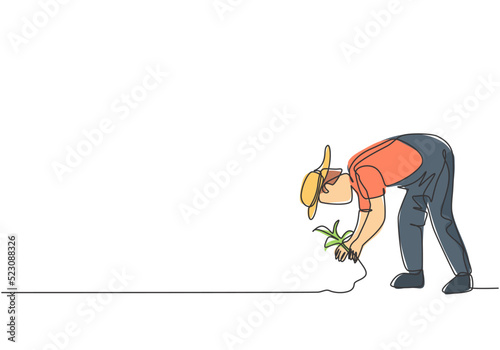 Single one line drawing of young male farmer plant crops in the farm fields. Professional farmer. Farming challenge minimalist concept. Modern continuous line draw design graphic vector illustration.