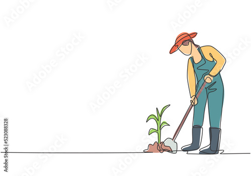 Single continuous line drawing young female farmer shoveled the soil with the plants using a shovel. Farming challenge minimalist concept. Dynamic one line draw graphic design vector illustration.