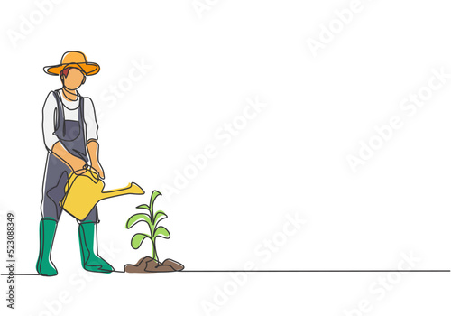 Single continuous line drawing young male farmer water the plants using a watering can. Farmer planting activities minimalism concept. Dynamic one line draw graphic design vector illustration.
