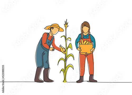 Single one line drawing of young couple farmer picking the corn on the tree and bring a basket. Farming challenge minimalist concept. Modern continuous line draw design graphic vector illustration.