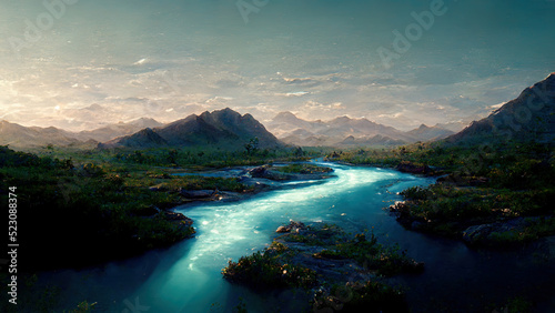 Painting of high angle view of a stream with mountains in the background.