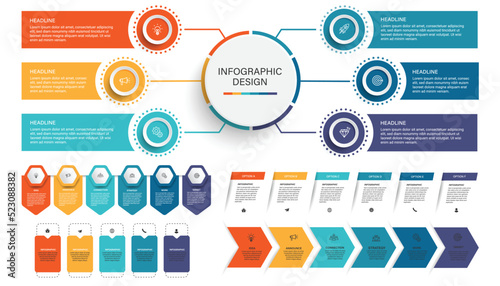 Collection of Business infographic design template with options, steps or processes. Can be used for presentation, diagram, annual report, web design, workflow layout