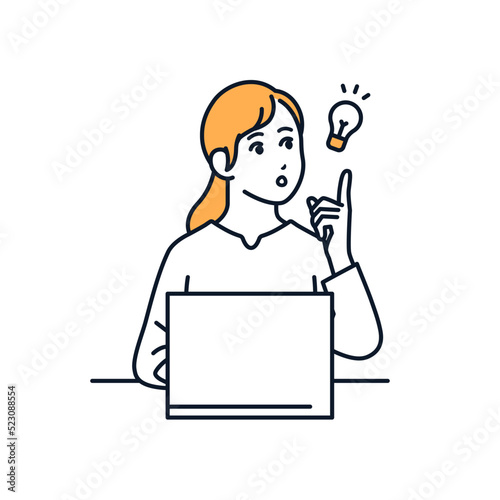 PCの前でひらめく若い女性のシンプルなベクターイラスト素材
