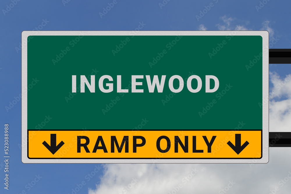 Inglewood logo. Inglewood lettering on a road sign. Signpost at entrance to Inglewood, USA. Green pointer in American style. Road sign in the United States of America. Sky in background Inglewood logo. Inglewood lettering on a road sign. Signpost at entrance to Inglewood, USA. Green pointer in American style. Road sign in the United States of America. Sky in background