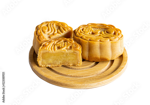 Mooncakes for the mooncake festival, sweet taste, circle or oval shape.  Inside, there are many types of fillings that are popular with bean paste. photo
