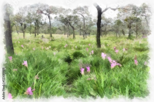 Landscape of wild daffodils and flower fields in the mountain forest watercolor style illustration impressionist painting.