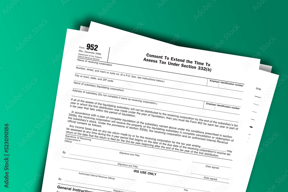 Form 952 documentation published IRS USA 07.17.2012. American tax document on colored Form 952 documentation published IRS USA 07.17.2012. American tax document on colored