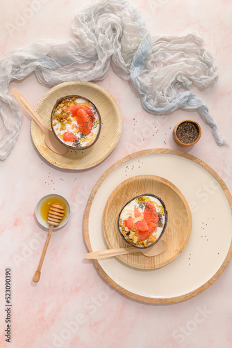 Yogurt with grapefruit, granola, chia and honey