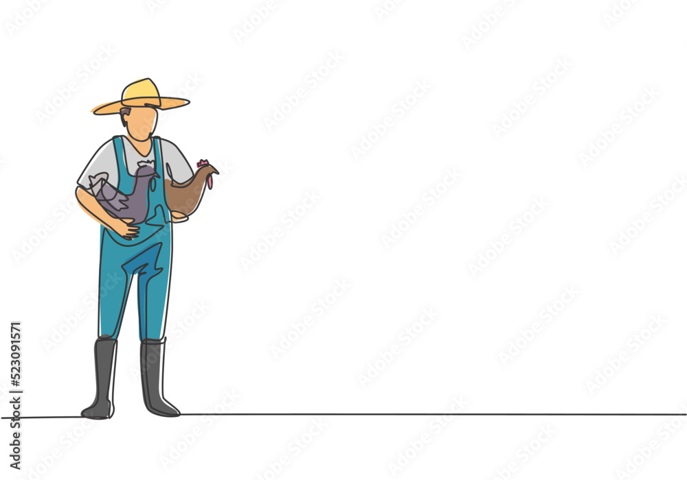Single one line drawing of young male farmer carried the chicken with both hands to return to the coop. Farming challenge minimal concept. Continuous line draw design graphic vector illustration.