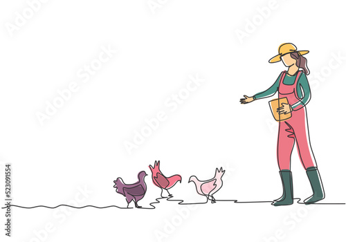 Single one line drawing of young female farmer is feeding the chickens with chicken feed. Farming challenge activities minimal concept. Modern continuous line draw design graphic vector illustration.