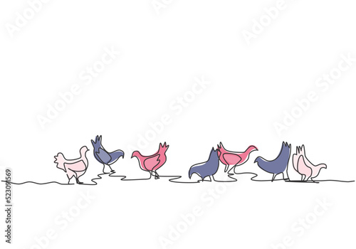 Single continuous line drawing of several chickens were playing in the fields while looking for food. Successful farming minimalism concept. Dynamic one line draw graphic design vector illustration