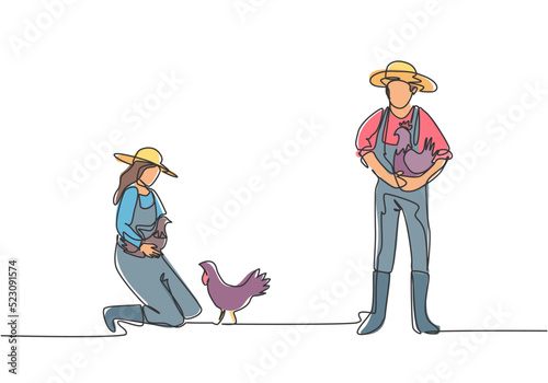 Single one line drawing of man farmer carried the chicken with both hands. The female farmer knelt down to pick up the chicken. Farming concept. Continuous line draw design graphic vector illustration
